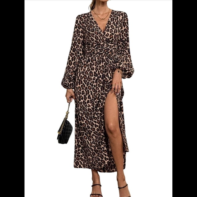Vestido Holgado Informal con Escote en V, Corte A, Larga y Abertura Alta para Mujer. Estampado de Leopardo L