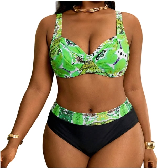 Plus Size Swimsuit for Women with Adjustable Side Ties, Ruching and Wide Straps, Two-Piece Bikini Set in Flattering Prints