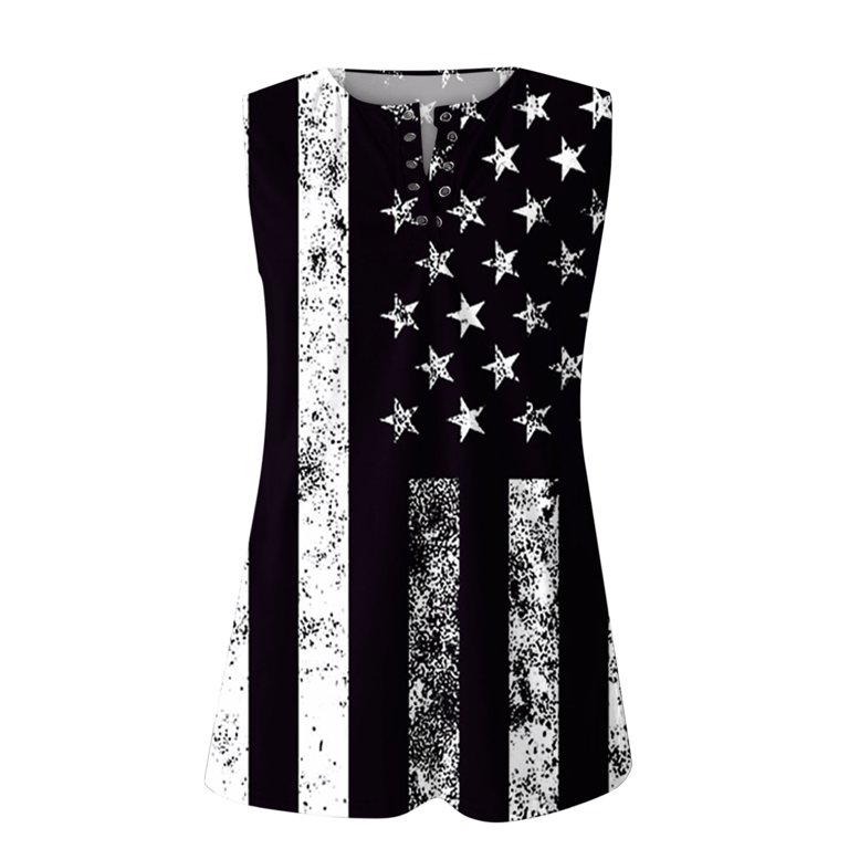 Top Sans Manches à Col Et Noeud Devant - Motif Stars And Stripes Noir Et Blanc, Taille L