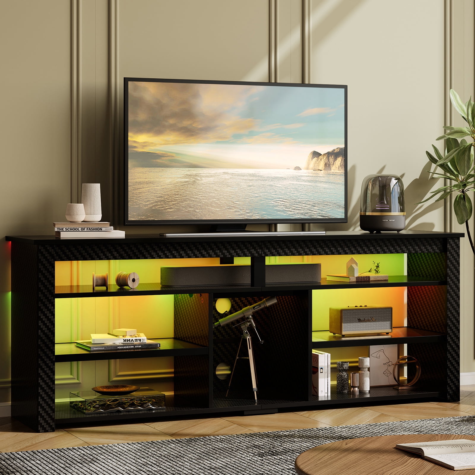Bestier 63" Tall TV Stand with LED Lights, Entertainment Center for TVs up to 70 inch, TV Console with Storage & Adjustable Shelves in Black Carbon Fiber