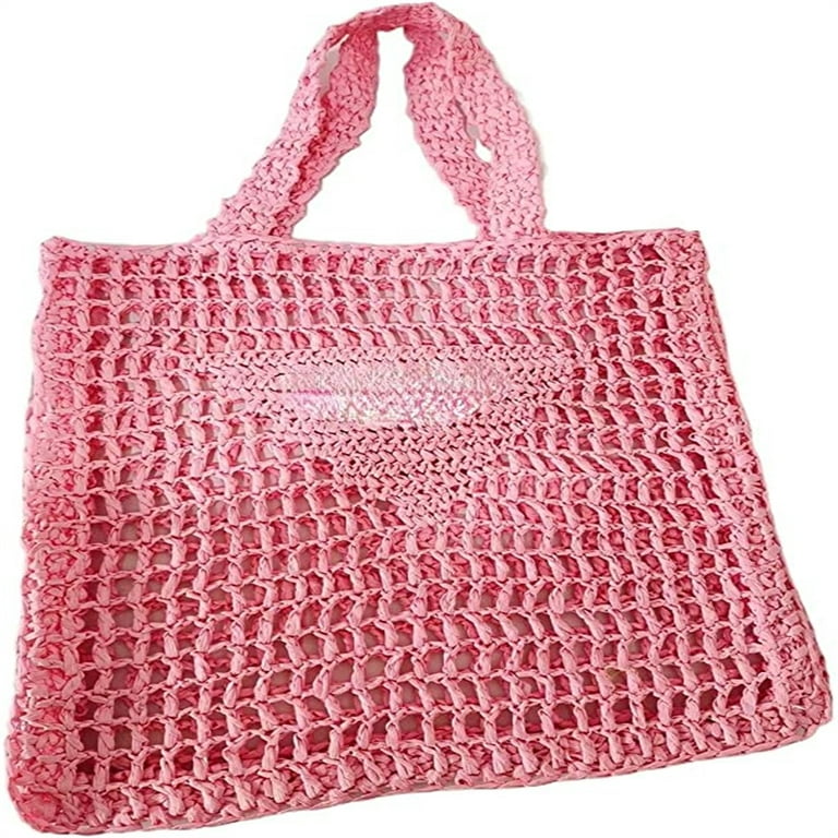 Dicasser 1PACK Handmade Straw Bag,Travel Beach Fishing Mesh Bag, Straw  Woven Bag Female Pastoral Style Weaving Hollow Shoulder Bag Pink