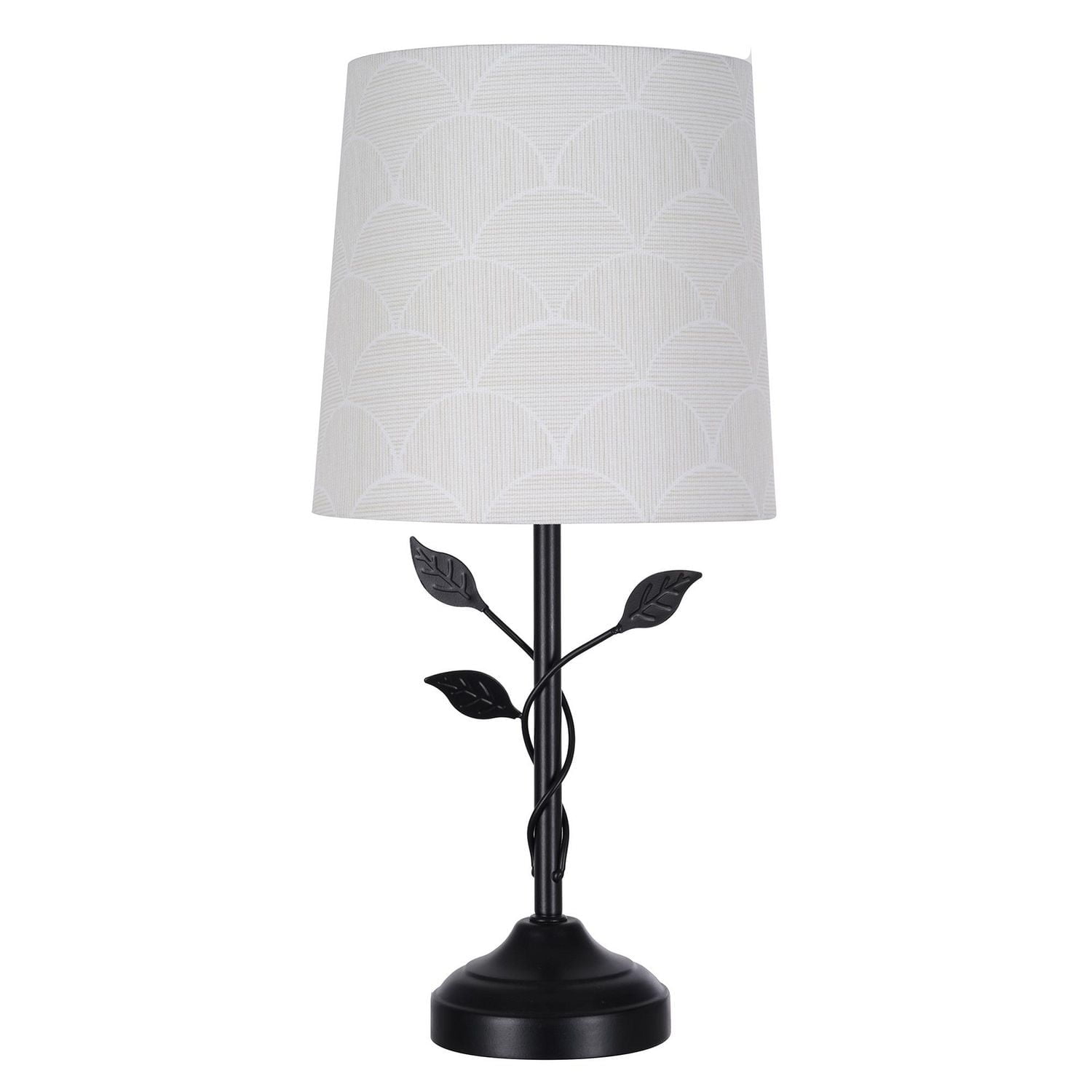 Home Trends 15.5" Matte Black Metal Table Lamp with Leaf Detail and Patterned Fabric Shade in Cream