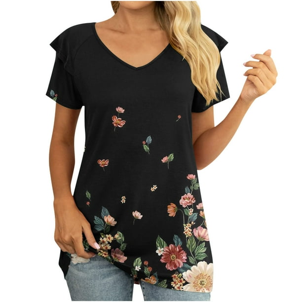 Blusa de manga con volantes y túnica recortada para mujer, informal, sexy, a la moda, para verano OAVQHLG3B Store lin121212
