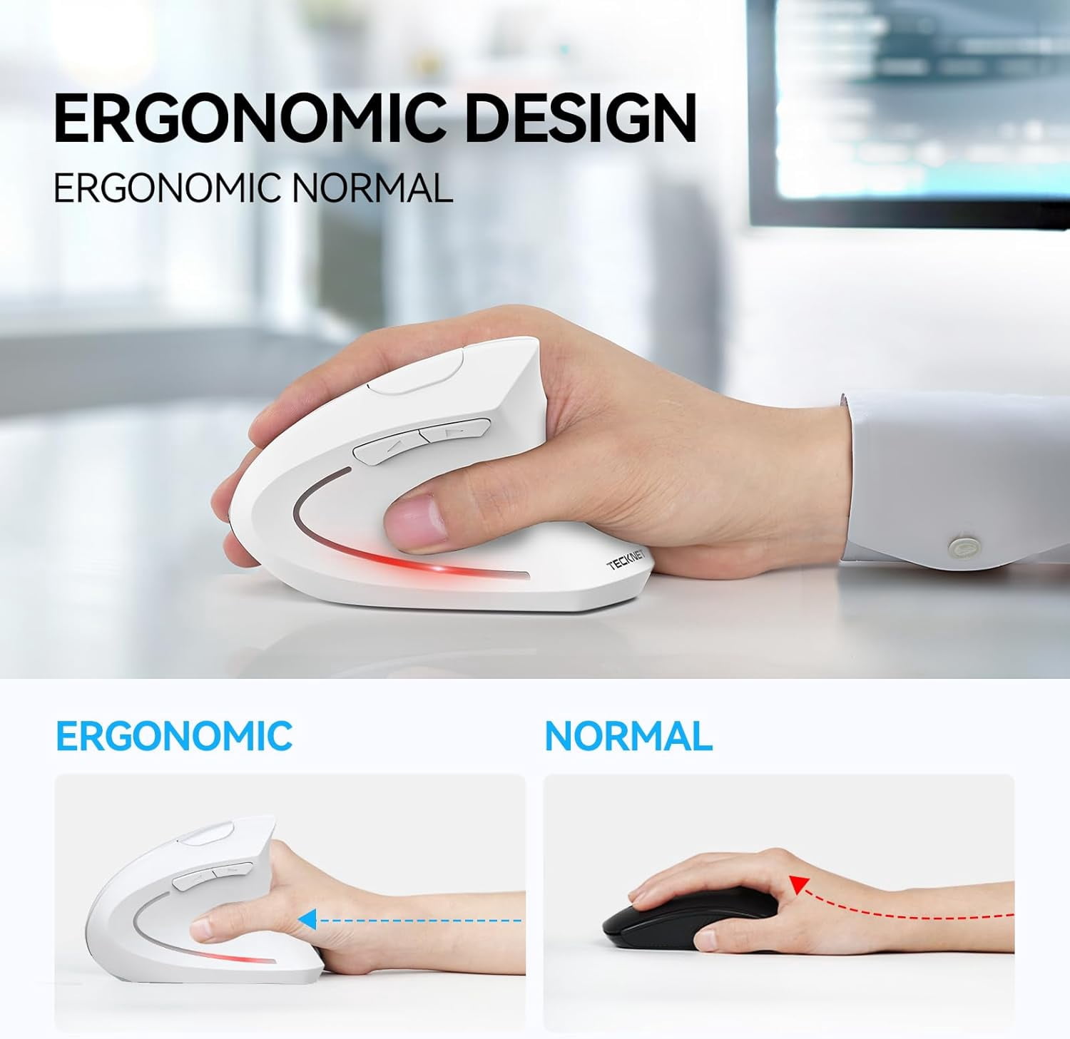 TECKNET Ergonomic Mouse, Wireless Bluetooth Vertical Mouse, 4800 DPI Optical Tracking, 6 Adjustable DPI, Quiet Clicks, 2.4GHz with USB A Receiver, 6 Buttons, Wide Compatibility - Black
