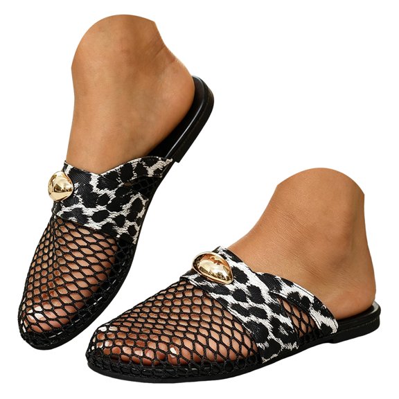 Rokment Womens Metallic Buckles Dressy Mules Backless Sandals Fashion Casual Leopard Leather Fishnet Mesh Patchwork Closed Toe Flat Slip on Summer Shoes Black Size 6.5