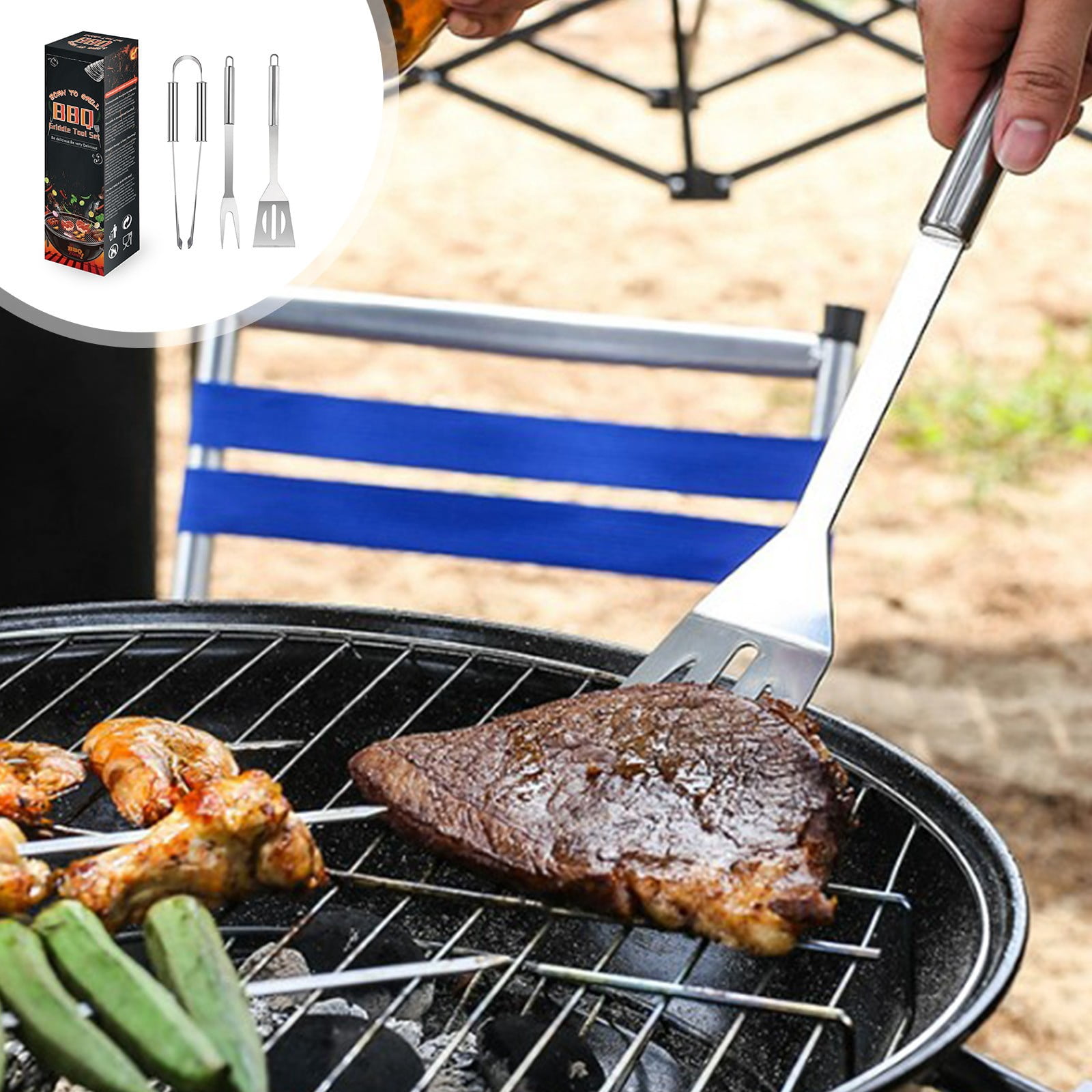 Weloille 3Pcs Stainless Steel Heavy Duty Grill Tools Set BBQ Accessories for Outdoor Grill with Spatula, Fork, Brush - Grilling Gifts for Men Him