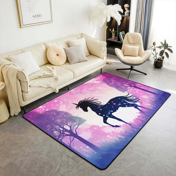 YST Cute Unicorn Area Rug 3x5,Pink Starry Sky Carpet For Kids Young Girls,Black Horse Indoor Floor Mat,Romantic Magical Animal Decorative Rug For Bedside Classroom