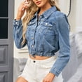 thumbnail image 6 of Kilaqueen Women's Cropped Denim Jean Jacket Long Sleeves Button-Down Basic Crop Jean Shacket with Pockets Casual Classic Cloths, 6 of 8
