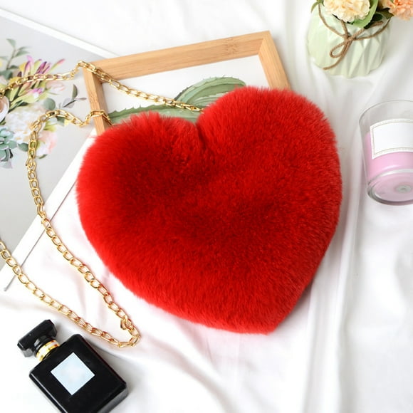 Furry Purse for Girls,Red Heart Shaped Fluffy Faux Fur Handbag for Women,Soft Small Shoulder Bag Clutch Purse,Heart Purses for Women with Chain Crossbody,Unique Plush Purses for Women Valentine