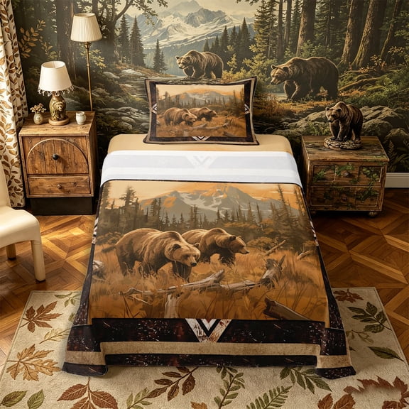 Castle Fairy Vintage Animal Bear Twin Sheets 3pcs for Teens,Bohemian Aztec Mountain Bedding,Brown Gold Cream,1 Fitted Sheet, 1 Flat Sheet and 1 Pillowcase