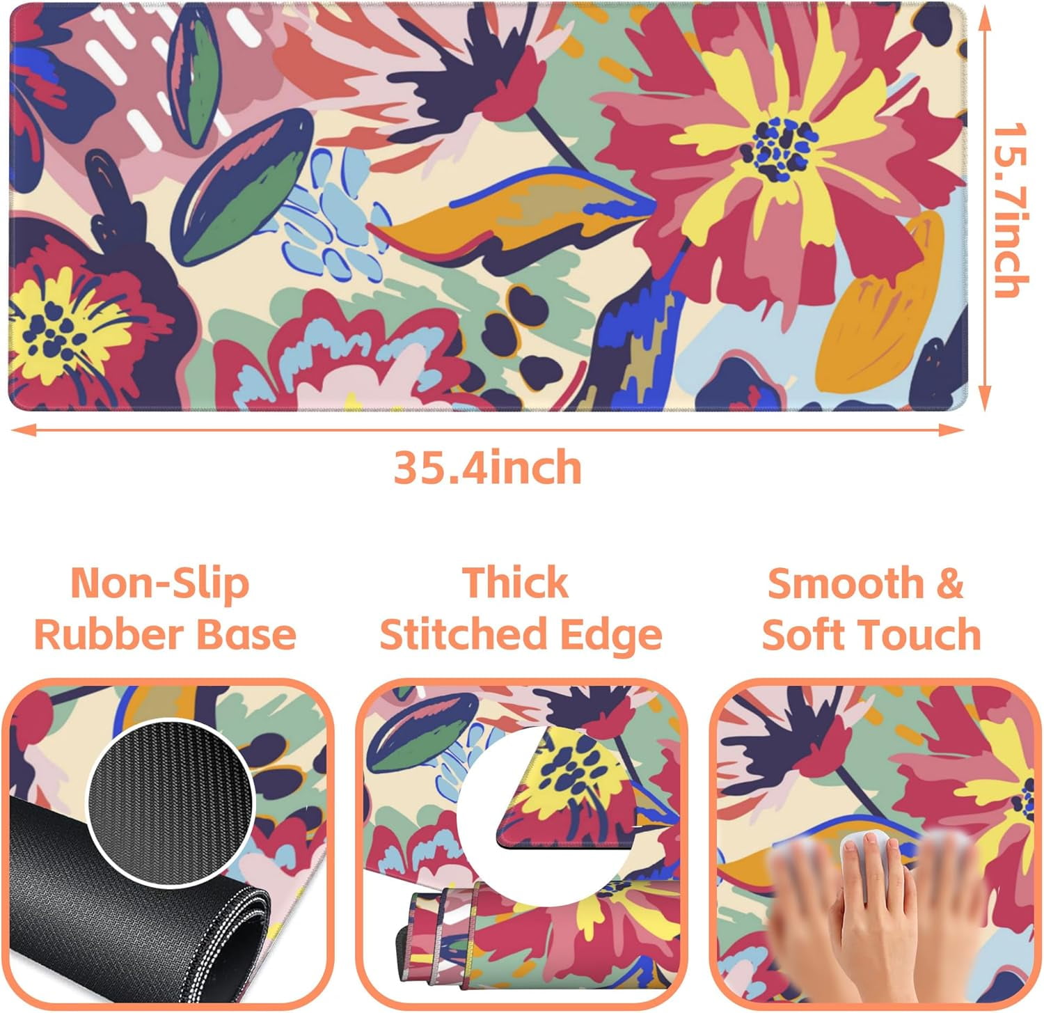 Abstract Floral Gaming Mouse Pad,Large Non-Slip Thick Stitched Edge Mouse Mat for Home Office Gaming Keyboard Desk Pad (35.4 x 15.7 Inches)