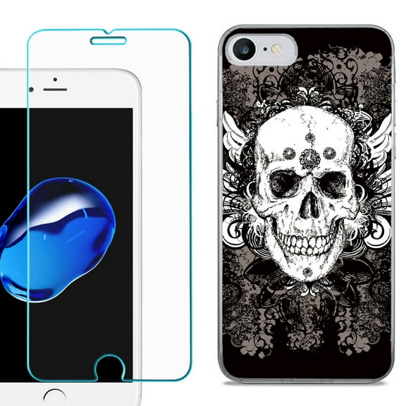For Apple iPhone 7 / iPhone 8 Case, Slim-Fit TPU Phone Case, with Tempered Glass Screen Protector, by OneToughShield ® - Grunge Skull