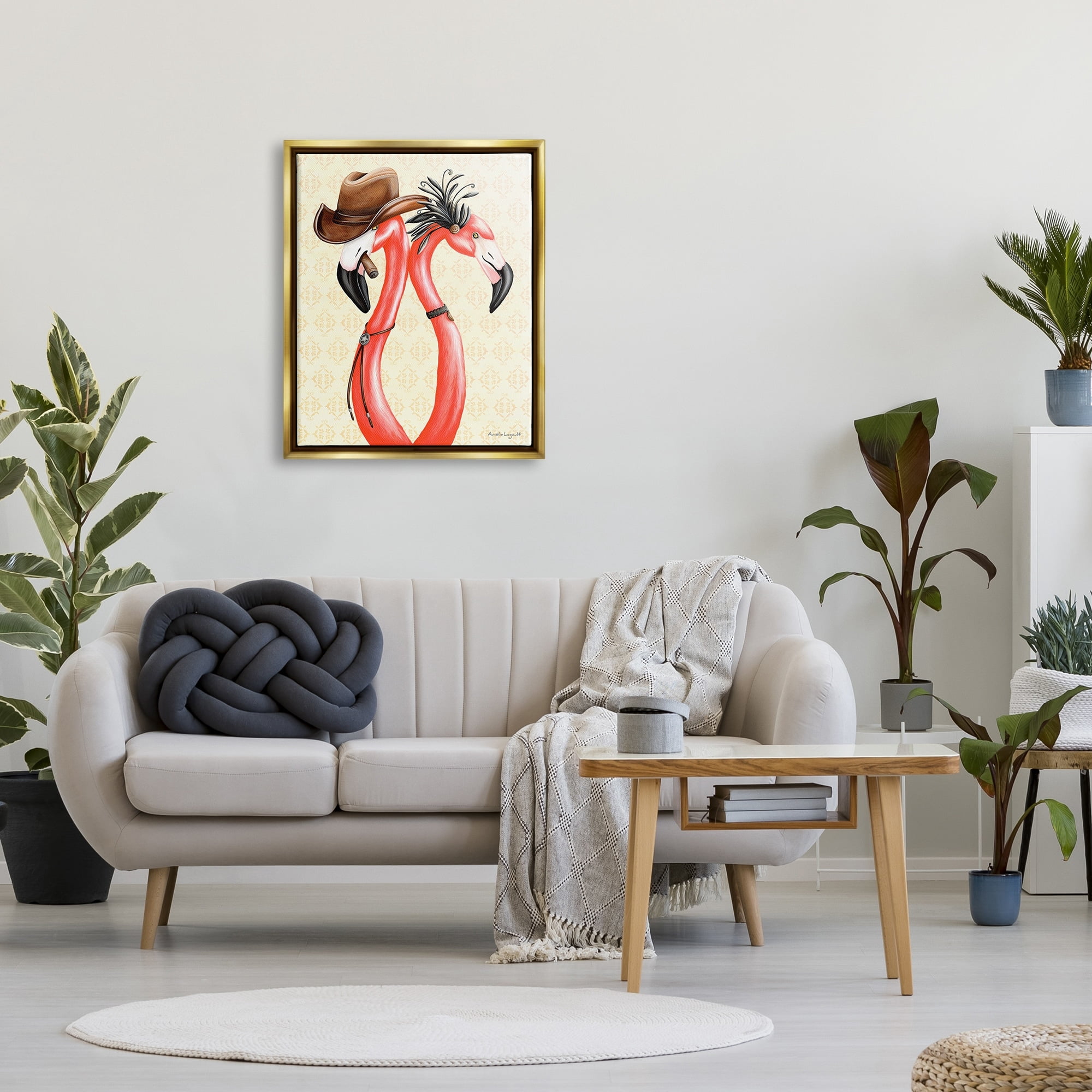 Stupell Industries Vintage Flamingos Cowboy Hat Antique Fashion Outfit Graphic Art Metallic Gold Floating Framed Canvas Print Wall Art, Design by Amelie Legault