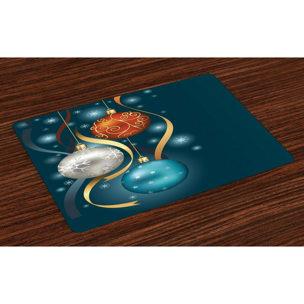 Christmas Placemats Set of 4 Vivid Classical Baubles with Ribbons and Different Patterns