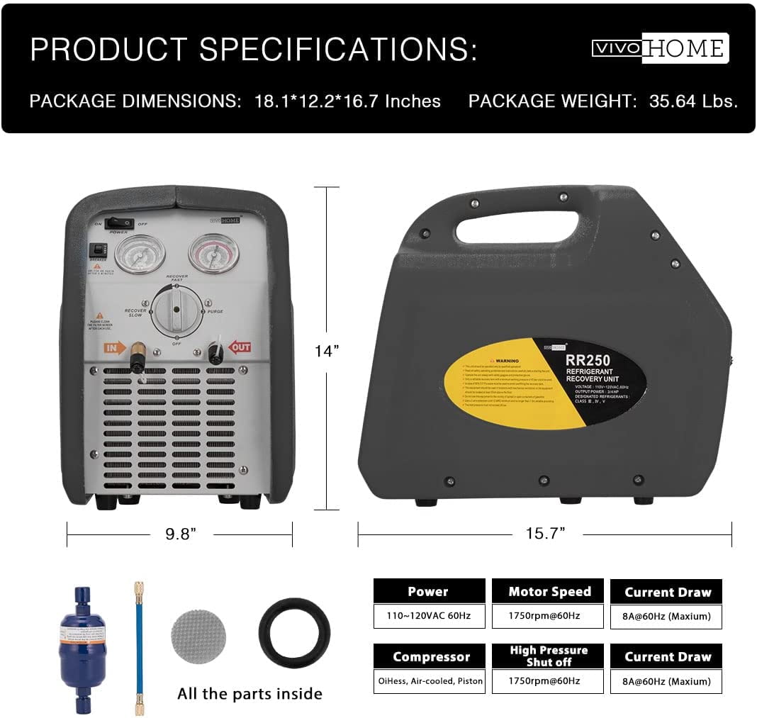 SPECSTAR 110-120V AC 60Hz 3/4HP Single Cylinder Portable Refrigerant Recovery Machine, Grey