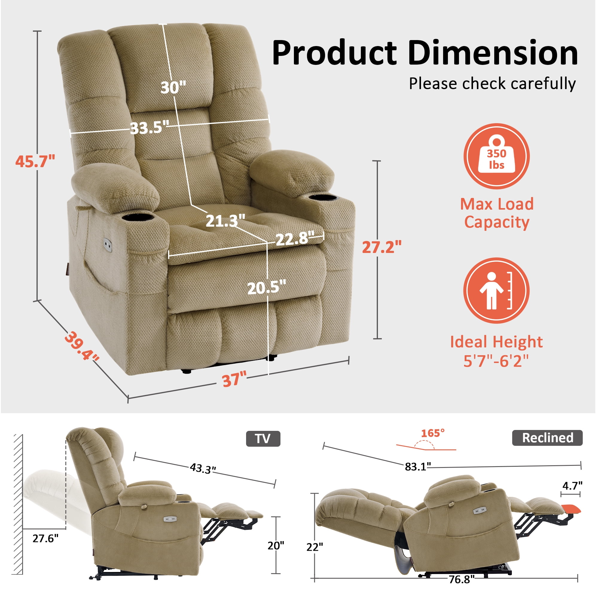MCombo Large Triple Motor Power Lift Recliner for Big Tall Elderly, Fabric, Beige