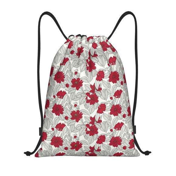 Fotbe Leaves And Anemone Flowers In Red Grey Bolsa Mochila con Cordón Estampada, Bolsa de Gimnasio Deportiva, Bolsa Cinch, Bolsa con Cordón para Hombres y Mujeres-Medium