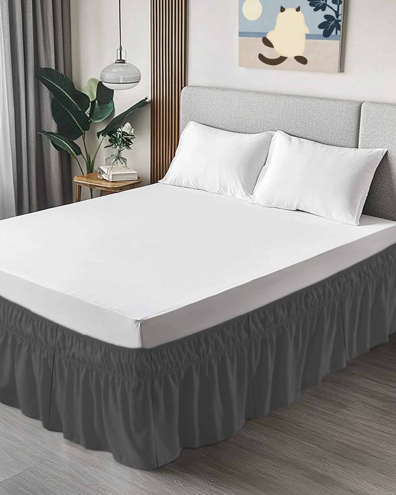 Dark Gray Bed Skirt Solid Color Bed Skirts California King Size 18 Inch Drop, Wrap Around Dust Ruffle&nbsp;Bedskirt with Adjustable Elastic Belt for Queen Size Beds
