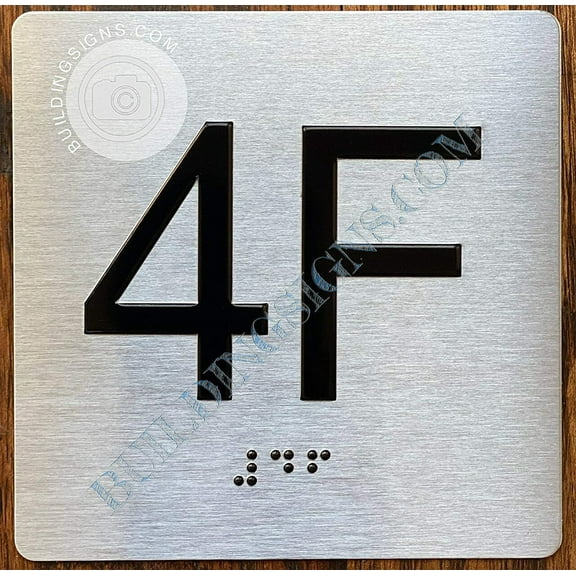 Apartment Number 4F Sign with Braille and Raised Number (Aluminum, 4x4, Double Sided Tape, Silver)-The Sensation line (ref-2201)
