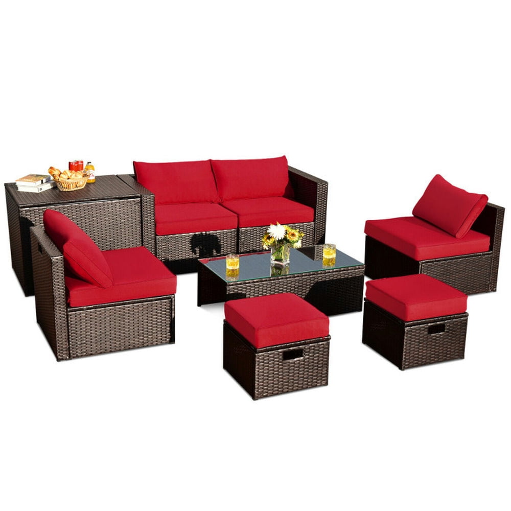 GVN Outdoor Furniture Sets, Outdoor Conversation Set,8 Pieces Patio Space-Saving Rattan Furniture Set with Storage Box and Waterproof Cover-Red GVN Outdoor Furniture Sets, Outdoor Conversation Set,8 Pieces Patio Space-Saving Rattan Furniture Set with Storage Box and Waterproof Cover-Red