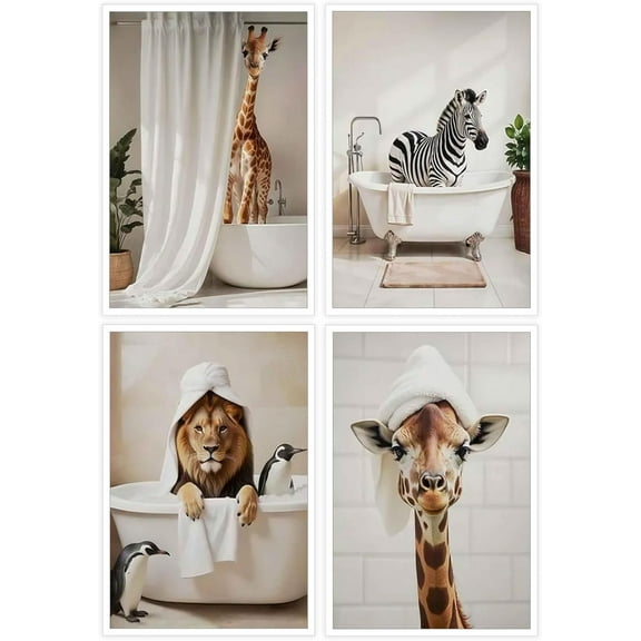 Wild Animals In Bathtubs Poster Funny Bathroom Animal Canvas Wall Art Set Of 4 Giraffes Zebra Tiger Prints Painting For Home Bathroom Toilet Restroom Wall Decor 8x12in Unframed
