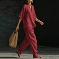 thumbnail image 5 of jobturf Summer Two Piece Sets for Women Going Out Linen Lounge Set V Neck 3/4 Sleeve T Shirts and Pants Matching Vacation Outfits S-XXL, 5 of 7