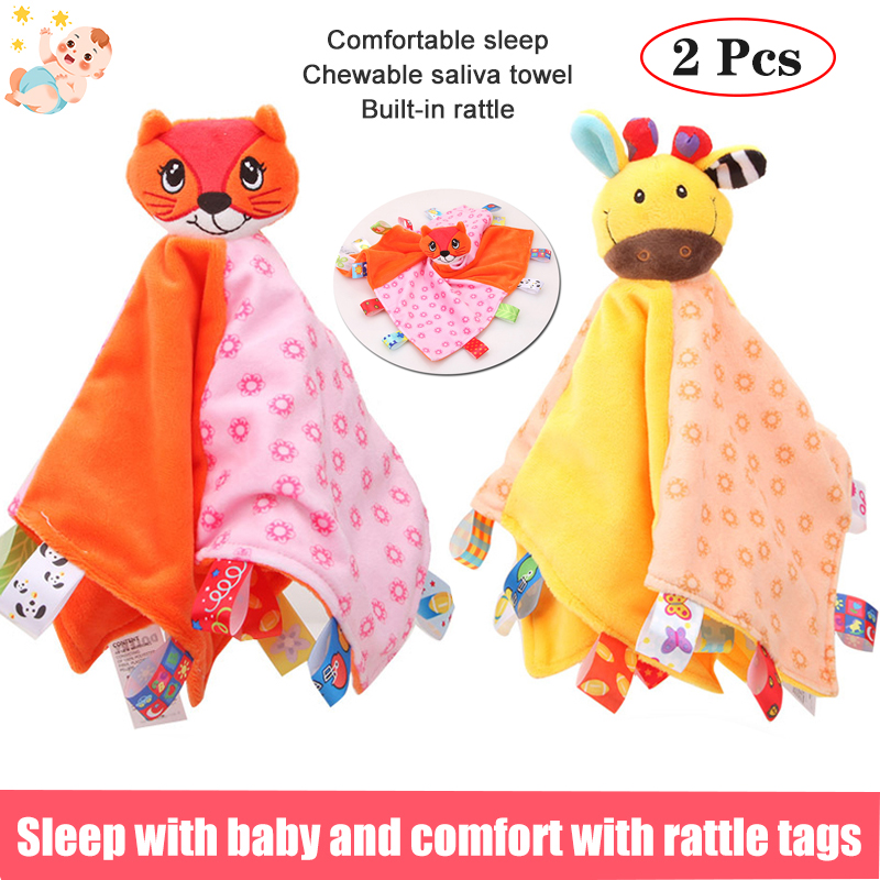 Amerteer 2 Pack Taggie Blanket,Baby Lovey Soft Animal Plush Toy Blanket