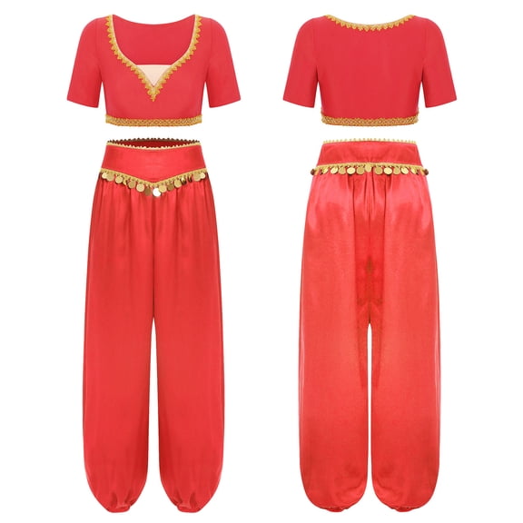 Aislor Women 2-piece Belly Dancing for Rave Party Shiny Sequin Tassel Outfits Red XXL