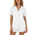 thumbnail image 3 of Bxsruta Women's Short Sleeve Button Down Pajama Set Notch Collar Scallop Trim High Waisted Adjustable Drawstring Ruffle Shorts 2 Piece Soft Breathable Loungewear, 3 of 8