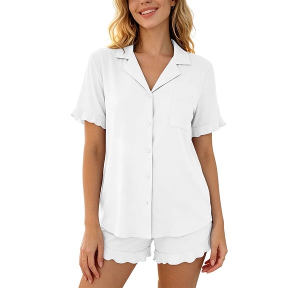 Vrorvz Ladies Pajamas Set Short Sleeve Sleepwear Button down Pjs Soft 2 Piece Shorts Lounge Sets for Women
