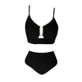 thumbnail image 5 of Minjewel Women's V-Neck Cutout High Waisted Bikini Two Piece Swimsuit,Textured Pleated Fabric with High Waist Bottoms,Sexy Beach Swimwear,Black,2XL, 5 of 6