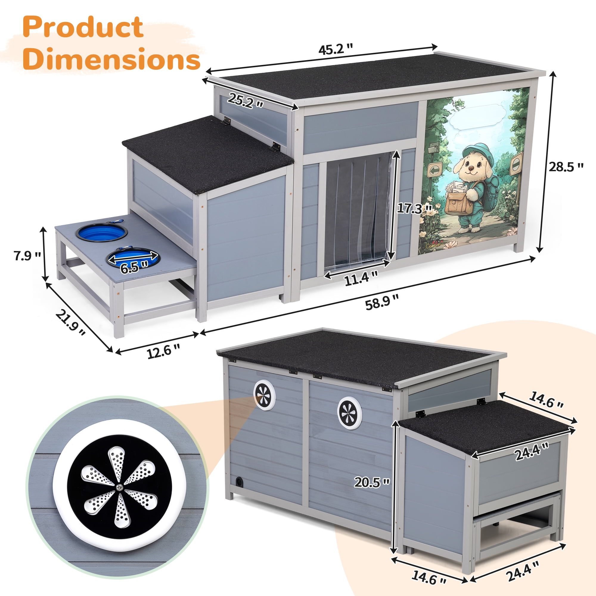 Jaxpety Insulated Dog House for Winter Outdoor Dog Kennel Wooden with Weatherproof Roof, Slow Feed Bowls