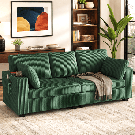 Rophefx 80" 3 Seater Sofa with USB Ports,Cup Holders, Corduroy Deep Seat Sofa Couch for Living Room Apartment Bedroom,Green
