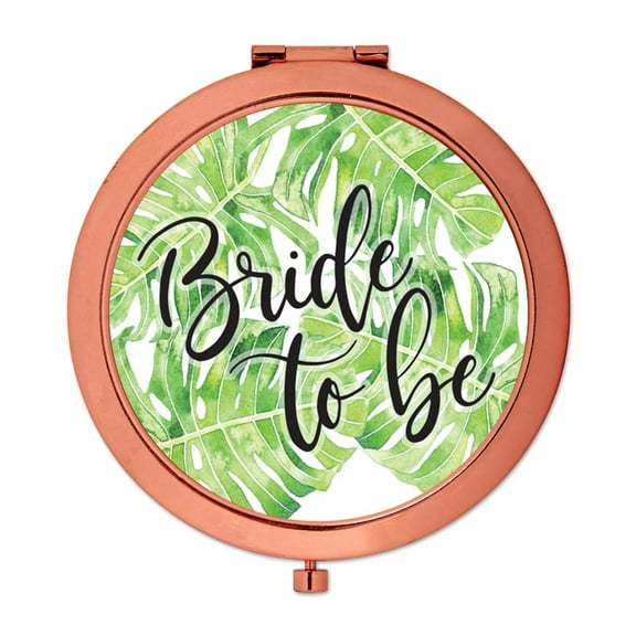 Koyal Wholesale Compact Mirror Bride to Be Wedding Gift, Rose Gold, Tropical Monstera Palm Leaves, 1-Pack