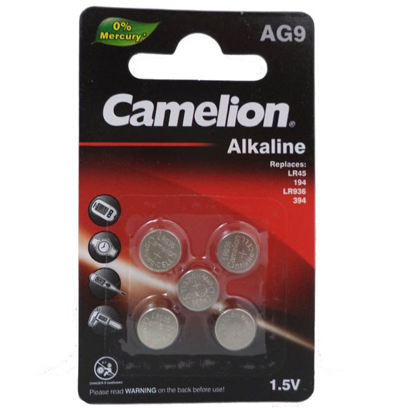 CAMEL-AG9-394 - BATTERY ALKALINE 394 1.5V REPLACES SR936SW AG9 SR45 LR936 (5 pcs/pkg)