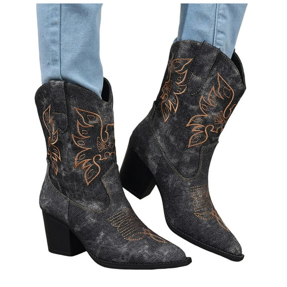 Mostsola Denim Cowboy Boots for Women Embroidery Cowgirl Boots Pointed Toe Heeled Mid Calf Boots