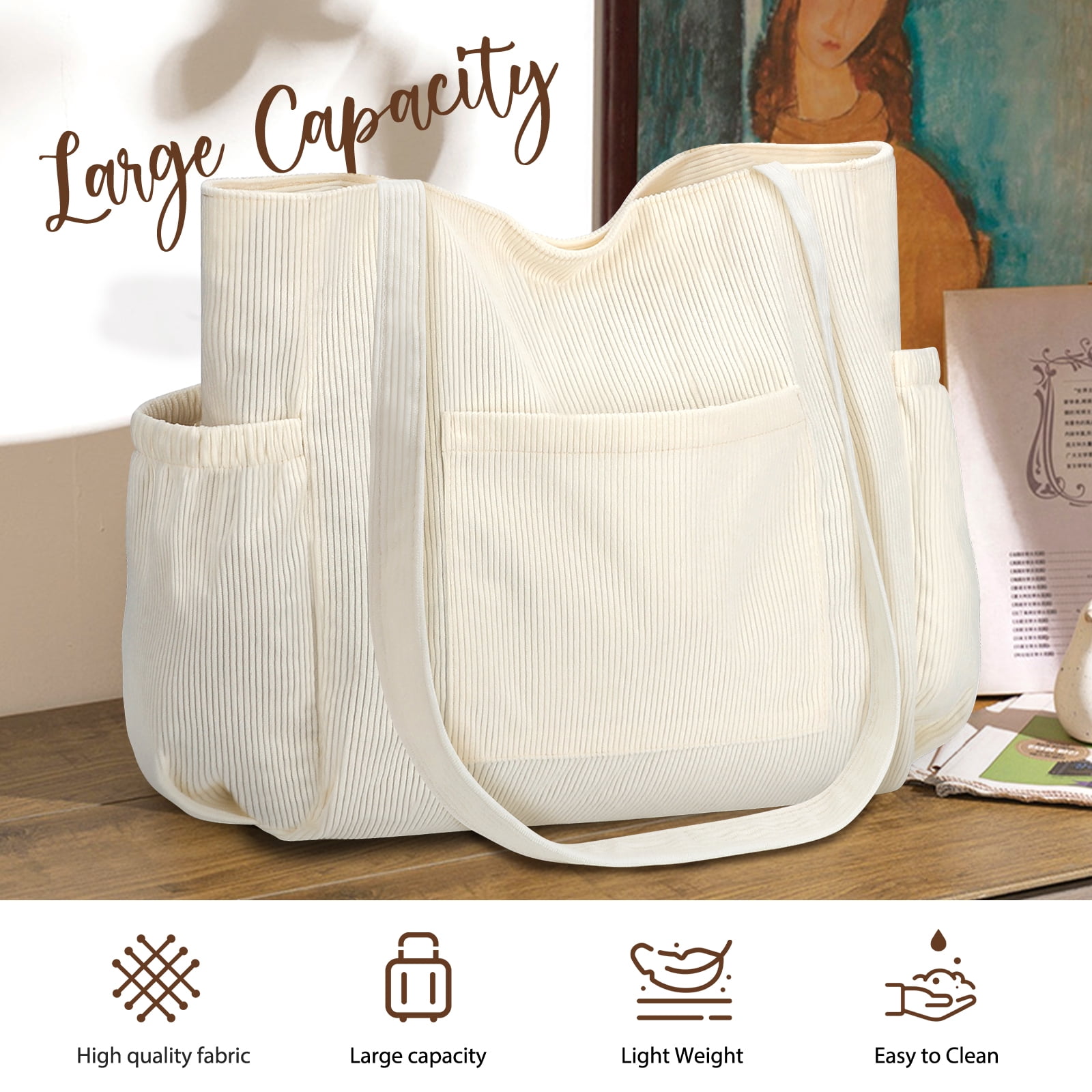 Gocvo Multiple Pockets Corduroy Bag, Large Tote Bag for Women, Ladies Bag Casual Hobo Handbags(Beige)