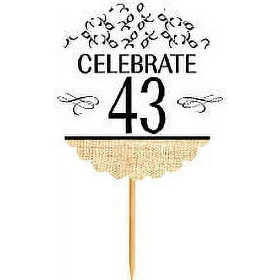43rd Birthday / Anniversary Novelty Burlap Cupcake Decoration Picks -12pack