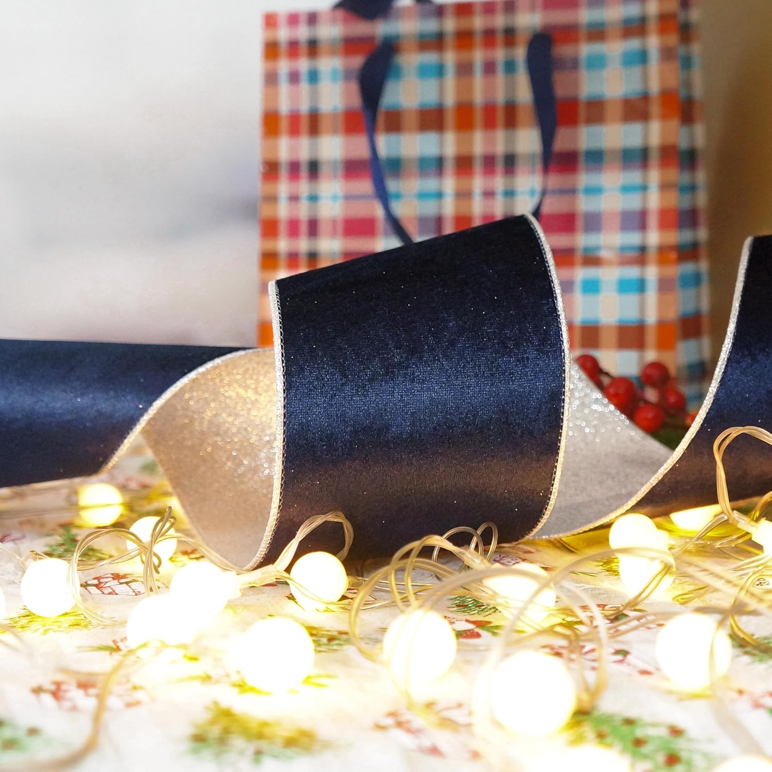 4" Navy Blue Velvet Silver Glitter Backing Wired Ribbon 10 Yards for Christmas Tree Wedding Wreath Gift Wrapping Home Décor DIY