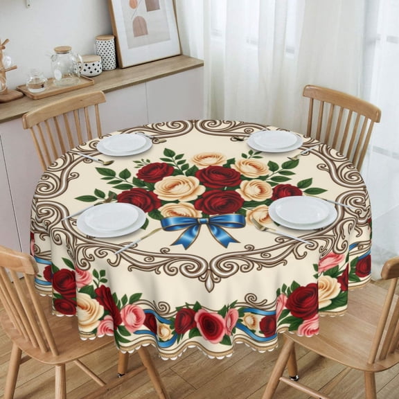 Vintage Floral Bouquet With Ornate Round Tablecloth Waterproof Table Cloth Stain and Wrinkle Resistant Washable, Decorative Fabric Table Cover for Dining, Party and Camping