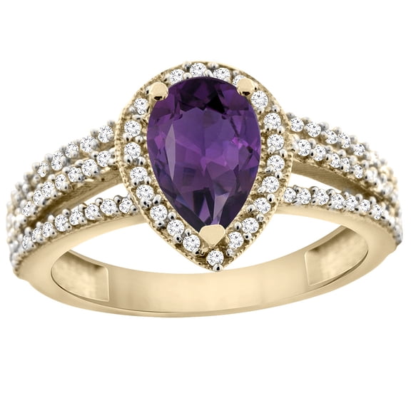 14K Yellow Gold Natural Amethyst Ring 9x7 Pear Halo Diamond, size 6
