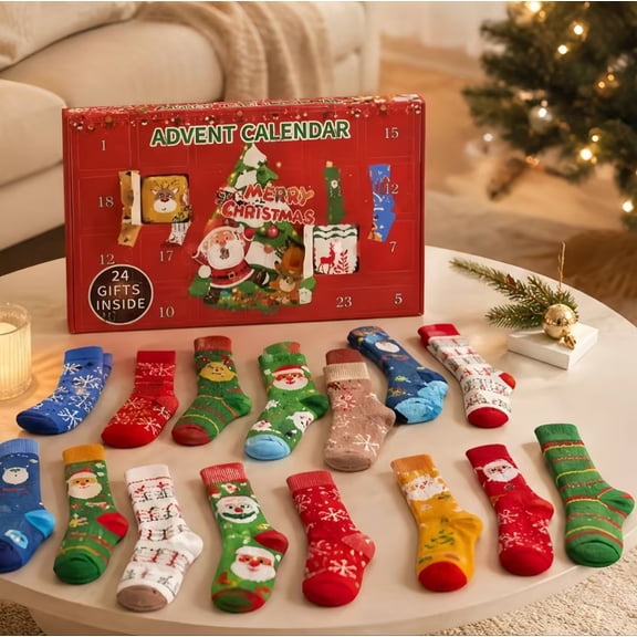 MYUNNIL Christmas Advent Calendar Socks Set, 9.8" 24-Day Countdown Gift Box with Soft Winter Knit Socks, Funny Creative Festive Gift for Christmas Party Family