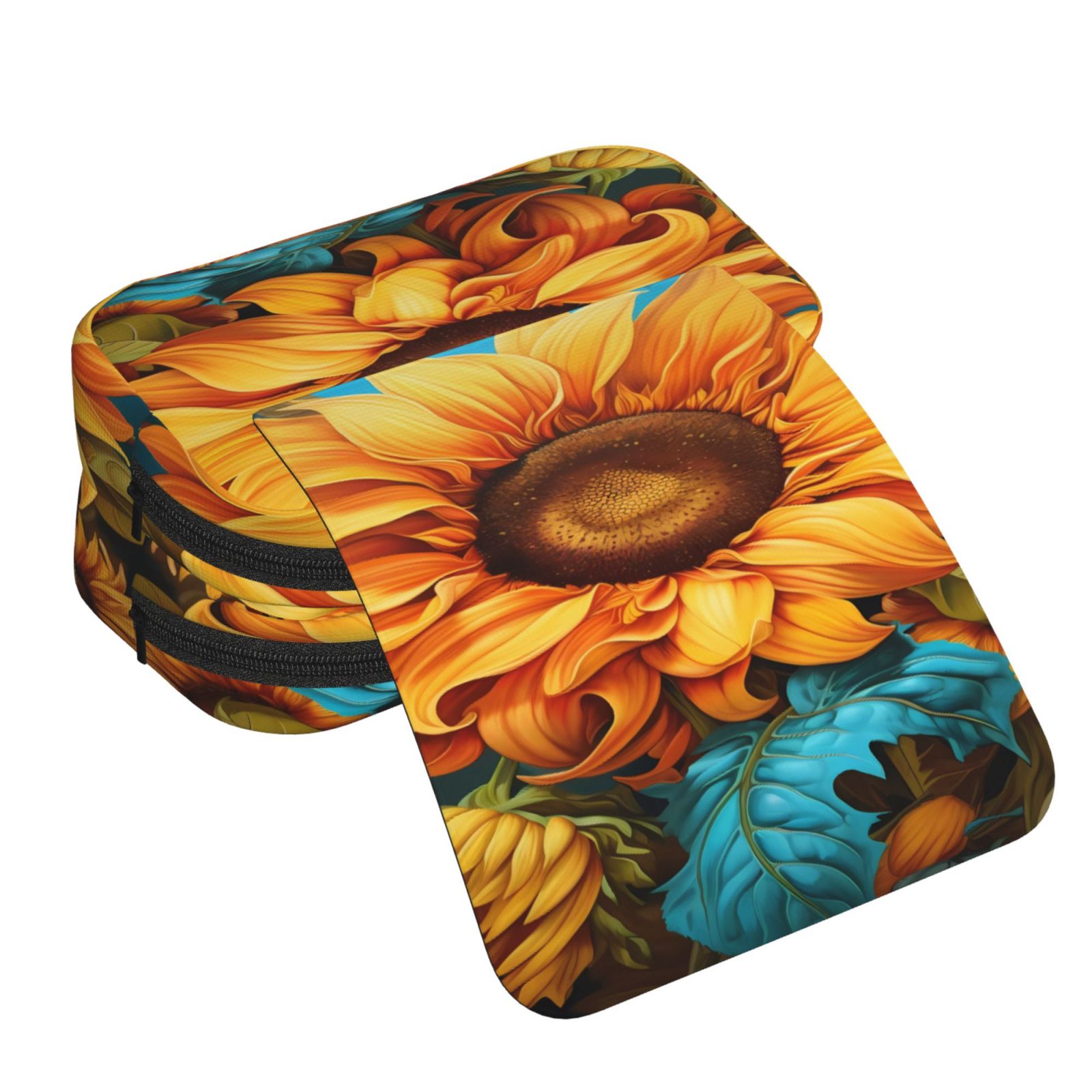 Rateoe Deep Yellow Colorful Sunflower Pattern Double Clamshell Pen Case, Storage Organizer with Two Zipper Compartments– Holds Up to 50 Pencils & Pens