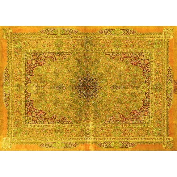 Ahgly Company Machine Washable Indoor Rectangle Persian Yellow Traditional Area Rugs, 4' x 6'