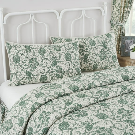 VHC Brands Dorset, Farmhouse Quilted Bed Sham, King, Floral, Green, 21x37