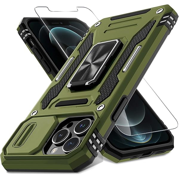 wonima11 DEERLAMN Case for iPhone 12 Pro Max with Slide Camera Cover+Screen Protector(1 Pack),Rotated Ring Kickstand Military Grade Shockproof Protective Cover 6.7 Inch-Olive Green