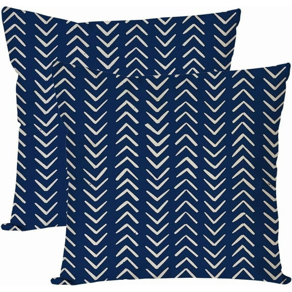 Blue Mudcloth Throw Pillow Covers 18x18 Inch Set of 2 Indigo Modern Boho Herringbone Chevron Outdoor Decorations Decorative Throw Pillows Cases Cushion Covers for Home Room Couch Decor