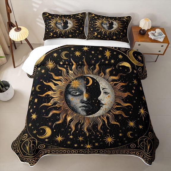 Homewish Hippie Sun Moon Twin Quilt Set, Glitter Stars Twin Coverlet Set, Black Gold, 2-Piece 1 Bedspread and 1 Pillowcase