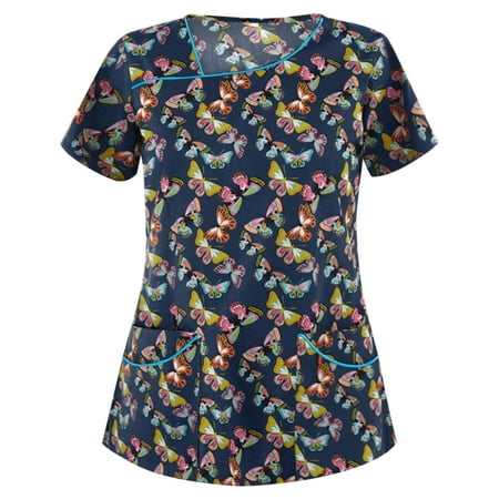 

Danhjin Womens Nursing Scrub Tops Printed Working Uniform Short Sleeve V-Neck Workwear Blouse T-shirt with Pockets Scrubs - Summer Savings Clearance