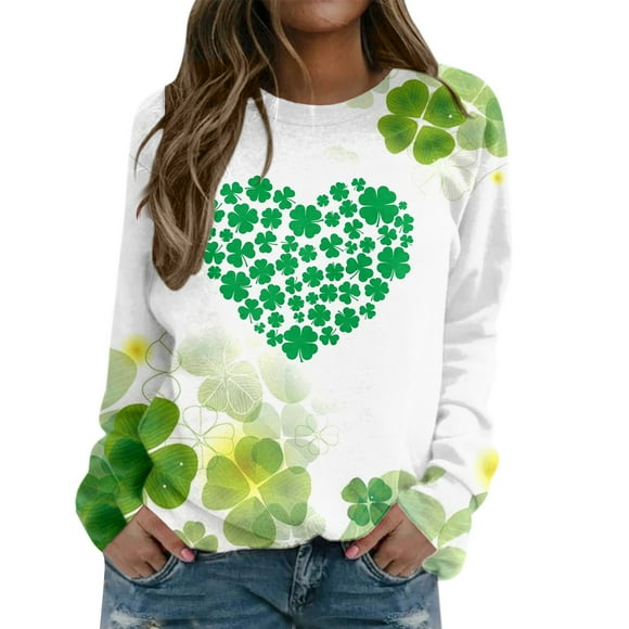Hot Sale!! Women's St. Patricks Day Loose Fit Sweatshirt Irish Clover Print Long Sleeve Pullover Shamrock Round Neck Shirt Tops Ladies' St.Day Sweatshirt Long Sleeve Casual Neck Top Army Green L